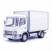 White box lorry photographed from a front three-quarter angle.