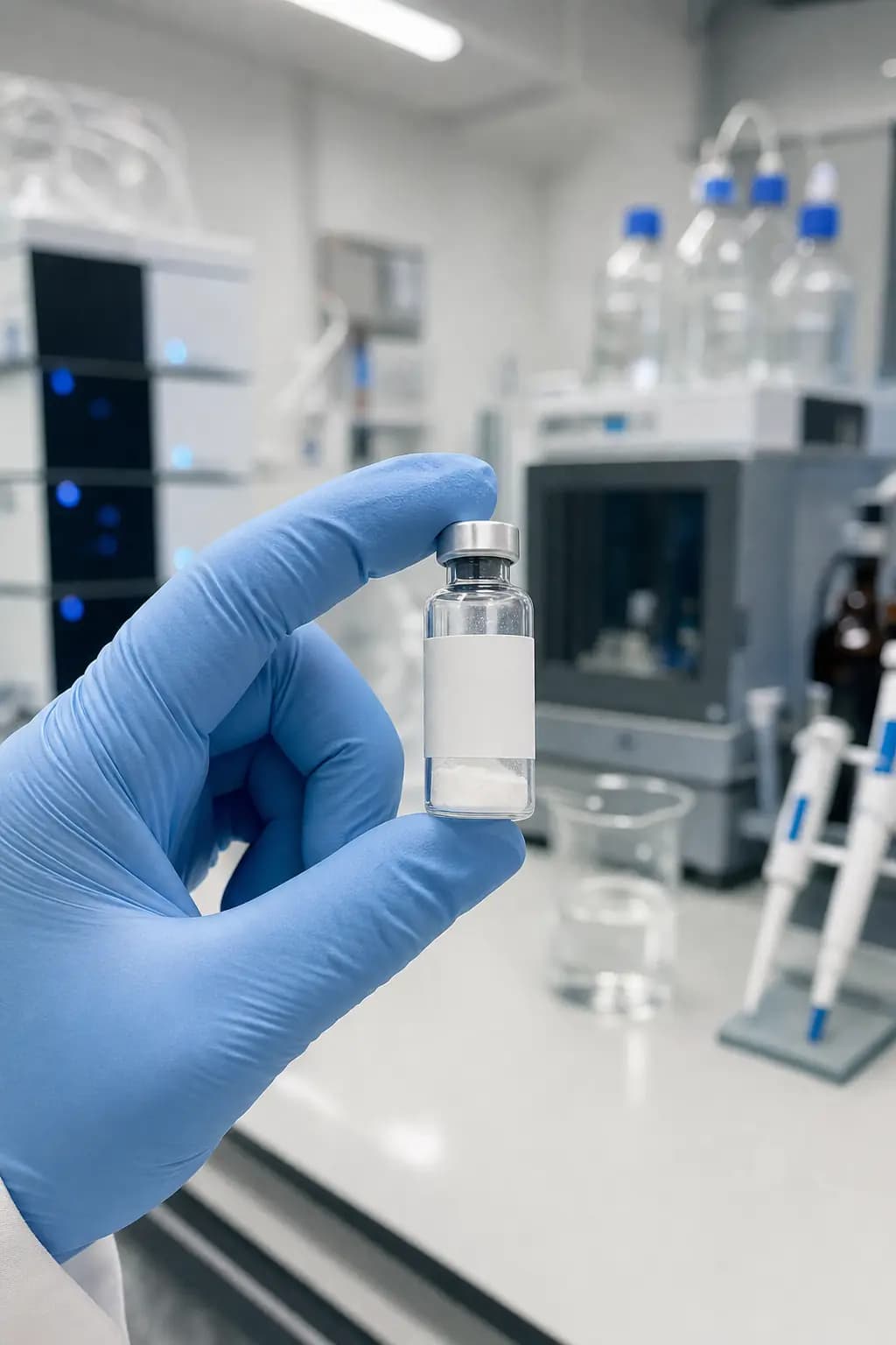 A gloved hand holding a sealed vial with a blank label in an analytical laboratory.